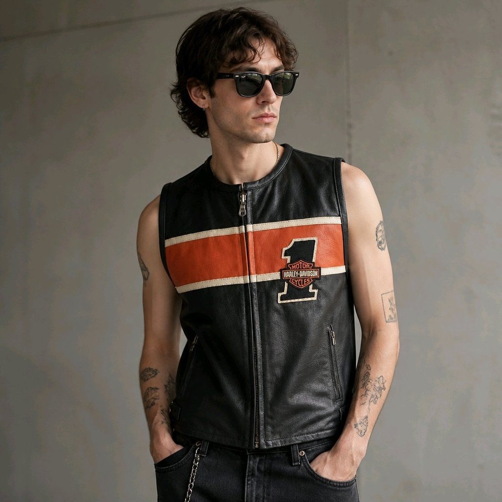 Harley-Davidson Size Small Black Leather Vest Number 1 Logo Stripe
